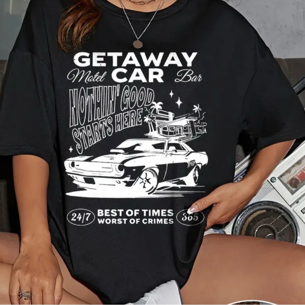 Taylor Swift getaway car tshirt Black Graphic Tee with White Print
